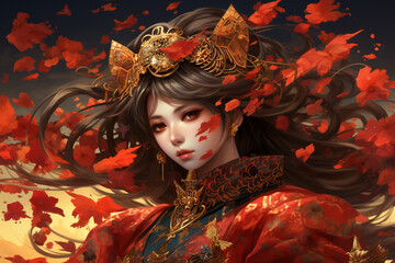 A beautiful Chinese woman with long black hair, red eyes, and a red and gold dress stands in a field of red flowers.