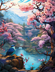 A beautiful painting of a cherry blossom tree in bloom with a blue bird sitting on a rock in the foreground and a traditional Japanese house in the background.