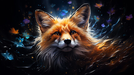 A mystical red fox with blue and purple flowers and leaves surrounding it. The fox is looking at the viewer with a gentle expression.