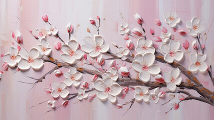 A painting of white and pink cherry blossoms against a pink background. The petals are made of thick oil paint, giving the image a 3D effect.