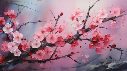 A painting of cherry blossoms in full bloom against a pale pink background