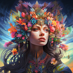 A woman with a crown of flowers and a face full of tattoos.