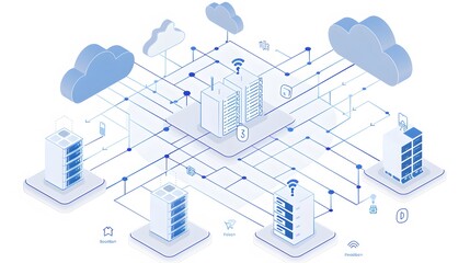 A computer network with many computers and laptops connected to a cloud. The network is very complex and has many different connections
