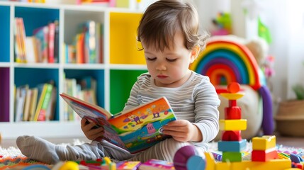Fototapeta premium A young child is sitting on the floor reading a book. The room is filled with toys, including a large stack of blocks