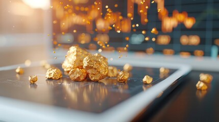 Golden nuggets falling onto a tablet, representing digital wealth and success.