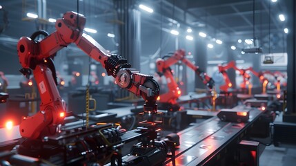 Fototapeta premium A factory with robots working on a conveyor belt. The robots are red and are working together to create something. Scene is industrial and futuristic