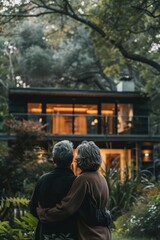 A couple standing in front of a house, the man is wearing a blue shirt and the woman is wearing a yellow shirt