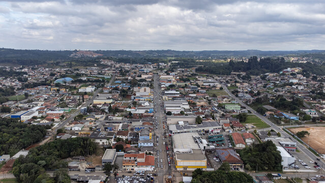 Image using drone, on a cloudy day, of the central region of the city of Almirante Tamandare located close to Curitiba, capital of the state of Parana, southern region of Brazil.