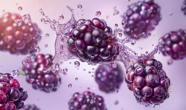 blackberries splashing in water, abstract artistic background with light purple color scheme, dynamic shapes and sparkling mist droplets adding depth