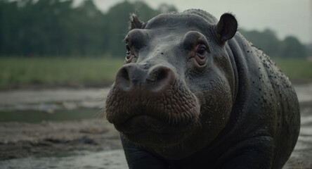A close-up view of a large adult hippopotamus covered in dried mud. Ears sticking out. Swamp in the background. imitation of analog photography