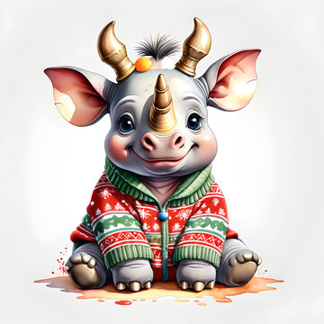 recommend clip art: Little rhinoceros watercolor clip art on white background.