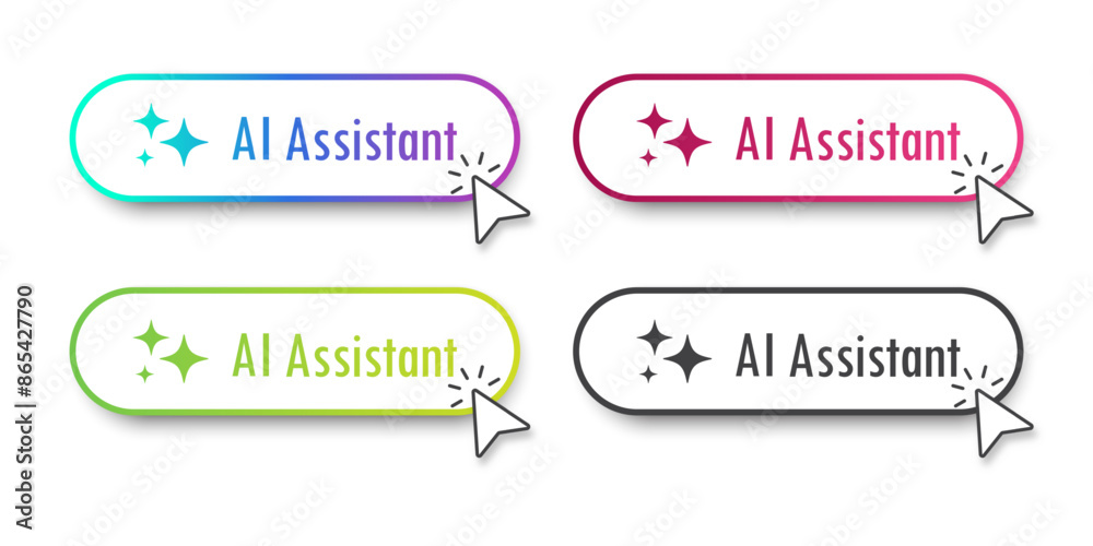 Aufkleber AI Assistant button. A set of buttons with AI assistant symbols. Flat design style for Apps, Websites, Interfaces, and mobile app. Artificial intelligence technology. Vector illustration.