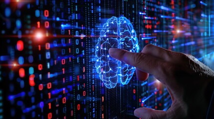 Hand reaching out to touch a glowing digital brain on a screen with a binary code background.