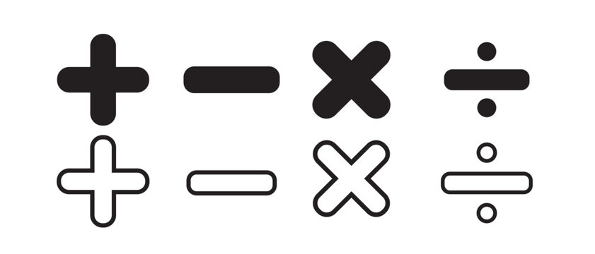 Plus minus multiply divide icon set on white background. Math symbol. Add sign. Calculator button symbol. vector illustration.