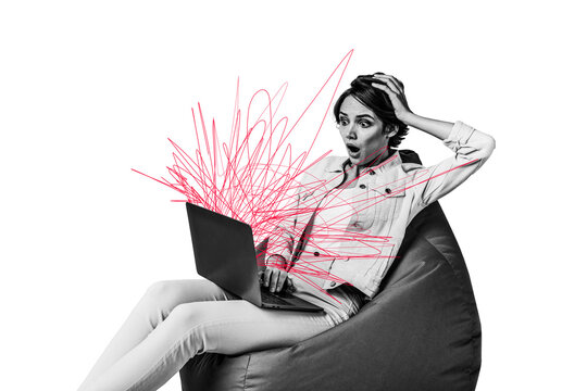 Composite photo collage of shocked girl sit beanbag it problem broke laptop alert red scribble warning isolated on painted background