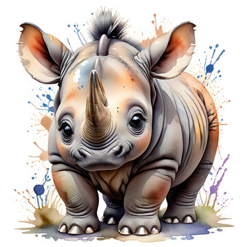 recommend clip art: Little rhino watercolor clip art on white background.