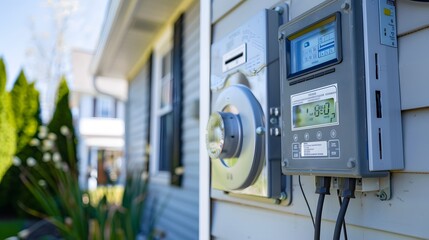 A small device is mounted on a wall next to a house. The device is a weather station that measures the temperature and humidity