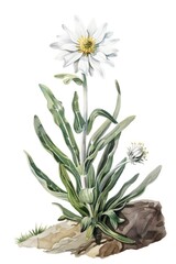 Alpine Star: Watercolor Illustration of Edelweiss Flower, Symbol of Rare Mountain Beauty