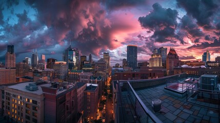 Fototapeta premium Cityscape with Dramatic Sunset Sky