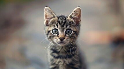 Fototapeta premium Curious kitten with striped fur gazing into the camera
