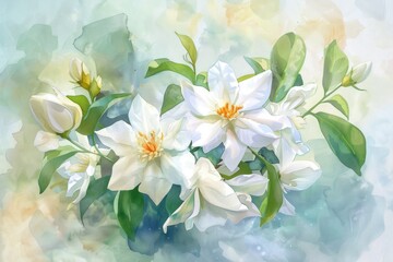 Elegant Jasmine Blossom and Aromatherapy: Watercolor Illustration of White Flowers and Essential Oil Set on Isolated Background