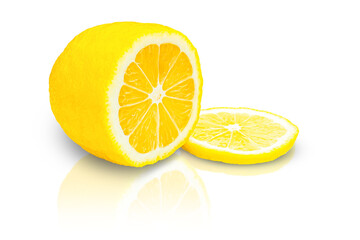 Cut fresh lemon with lemon slice isolated on transparent background.