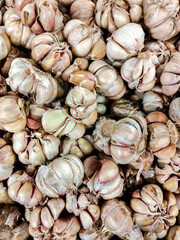 A pile of fresh garlic bulbs displayed in a traditional market stall. The garlic is neatly arranged and ready for customers