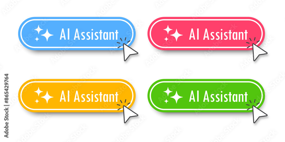 Aufkleber AI Assistant button. A set of buttons with AI assistant symbols. Flat design style for Apps, Websites, Interfaces, and mobile app. Artificial intelligence technology. Vector illustration.