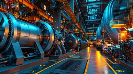 Obraz premium A large industrial building with many pipes and tanks. The image has a mood of industrialization and technology