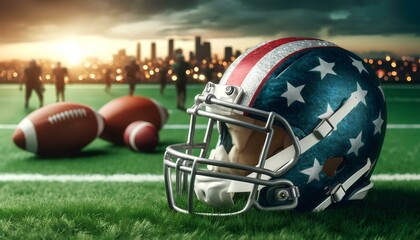 An American football helmet with stars and stripes on a field, with a bokeh background.