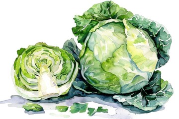Obraz premium Fresh Green Cabbage. Watercolor Illustration of Raw Organic Vegetable on White Background