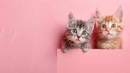 two adorable kittens with curious expressions peek over the edge against a soft pink background, capturing a moment of pure cuteness.