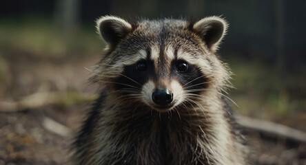 Fototapeta premium A cute raccoon face looks at the camera. A close-up view of the face. The whiskers are visible. 