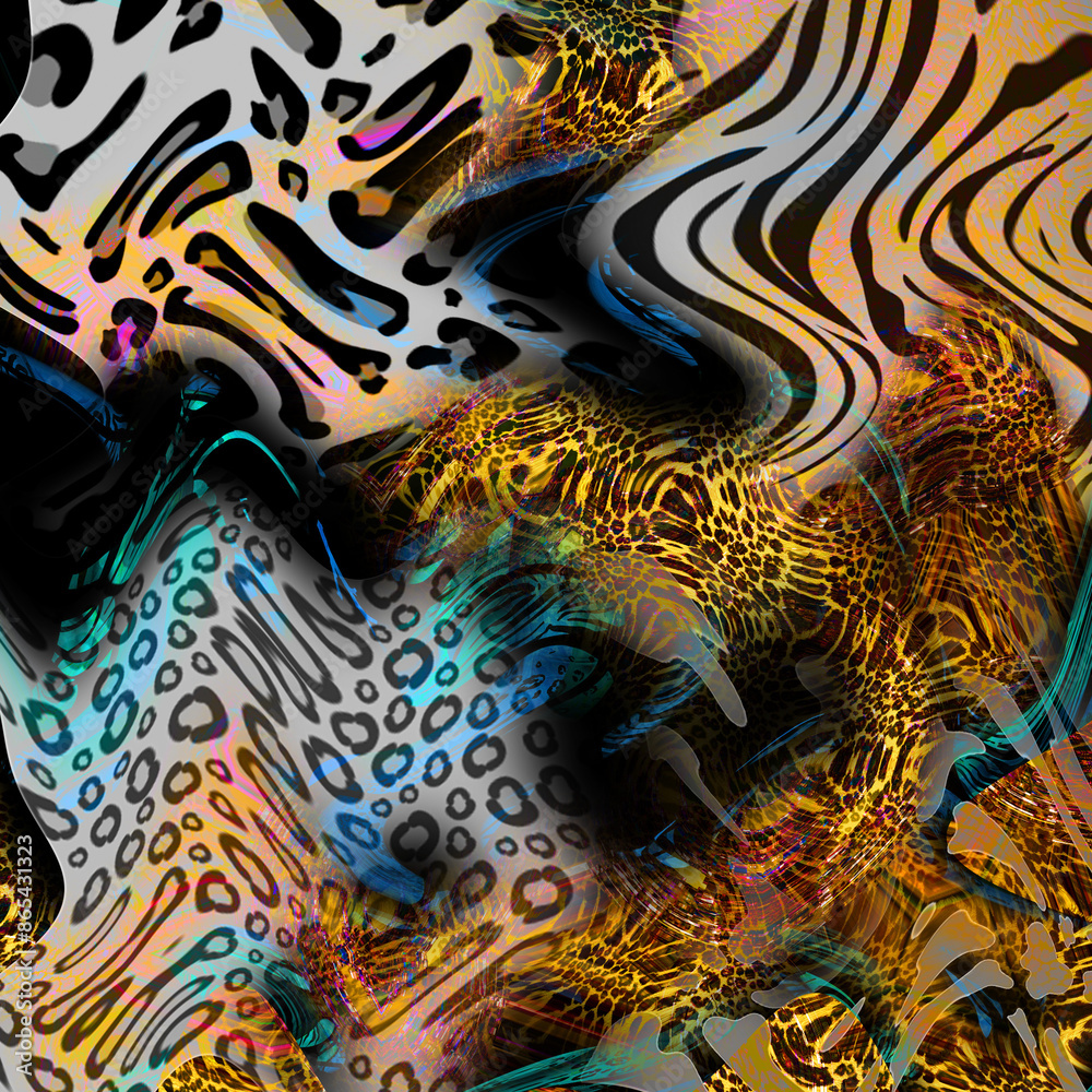 Wall mural combination textile collage pattern of wave and lines colored leopard snake tiger textures