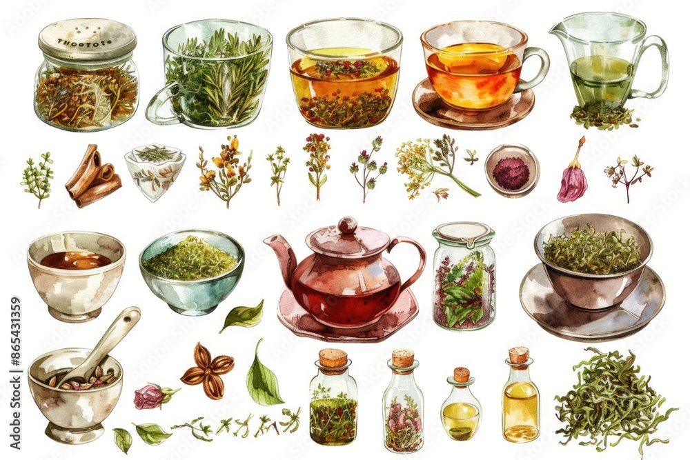 Sticker hand drawn tea assortment set. watercolor illustration of various tea leaves and brews