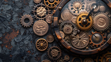 Close-up of intricate bronze gears and mechanisms in a steampunk style..