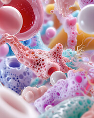 A close-up view of a diverse group of protozoa. The background features a minimalist composition of pastel Memphis shapes, creating a lighthearted and informative scene. 
