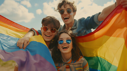 Obraz premium Young diverse people having fun holding LGBTQ rainbow flag outdoor, pride concept