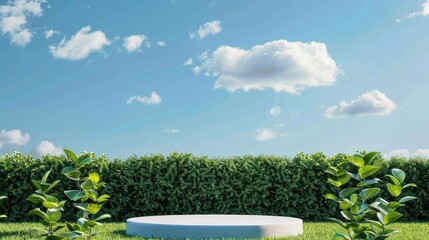 3D podium in natural green lawn garden with bright blue sky. summer product scene display