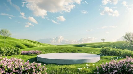 3D podium in natural green lawn garden with bright blue sky. summer product scene display