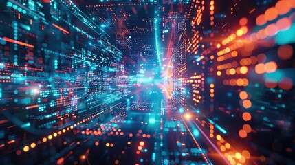 Fototapeta premium Big data technology and data science illustration. Data flow concept. Querying, analysing, visualizing complex information. Neural network for artificial intelligence. Data mining. Business analytics.