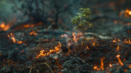 Fototapeta premium Little tree grow over forest fire 