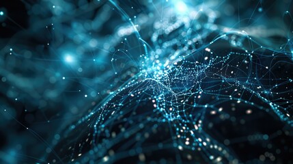 Big data technology and data science illustration. Data flow concept. Querying, analysing, visualizing complex information. Neural network for artificial intelligence. Data mining. Business analytics.