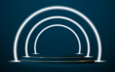 Fototapeta premium Blue podium with a glowing white circle line on the back for product presentation. Display of cosmetic products. Stage or podium. vector illustration 
