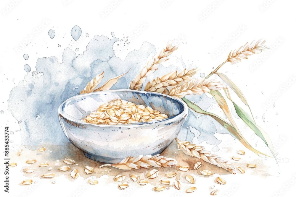 Poster Hand-Drawn Watercolor Oat Flakes and Scorp on White Background. Organic Ingredient for Healthy Breakfast