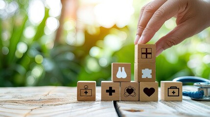 Health Insurance Concept, Hand arranging wood cube stacking with icon healthcare medical on wood background, copy space, financial concept.