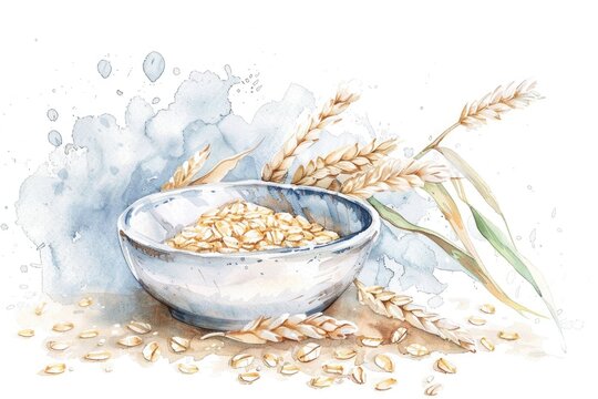 Hand-Drawn Watercolor Oat Flakes and Scorp on White Background. Organic Ingredient for Healthy Breakfast
