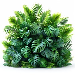 Bush of lush tropical plants, monstera, palm tree, rubber tree, pine and fern