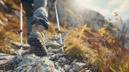 Obraz premium Hiker man with trekking sticks climbs steep on mountain trail, focus on boot.