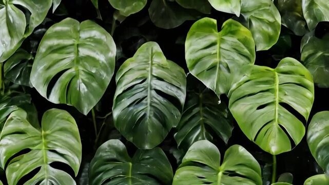 Monstera green leaf with water drops